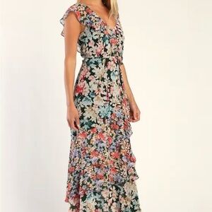 Lulu's Radiant Green Floral Chiffon  Maxi Dress